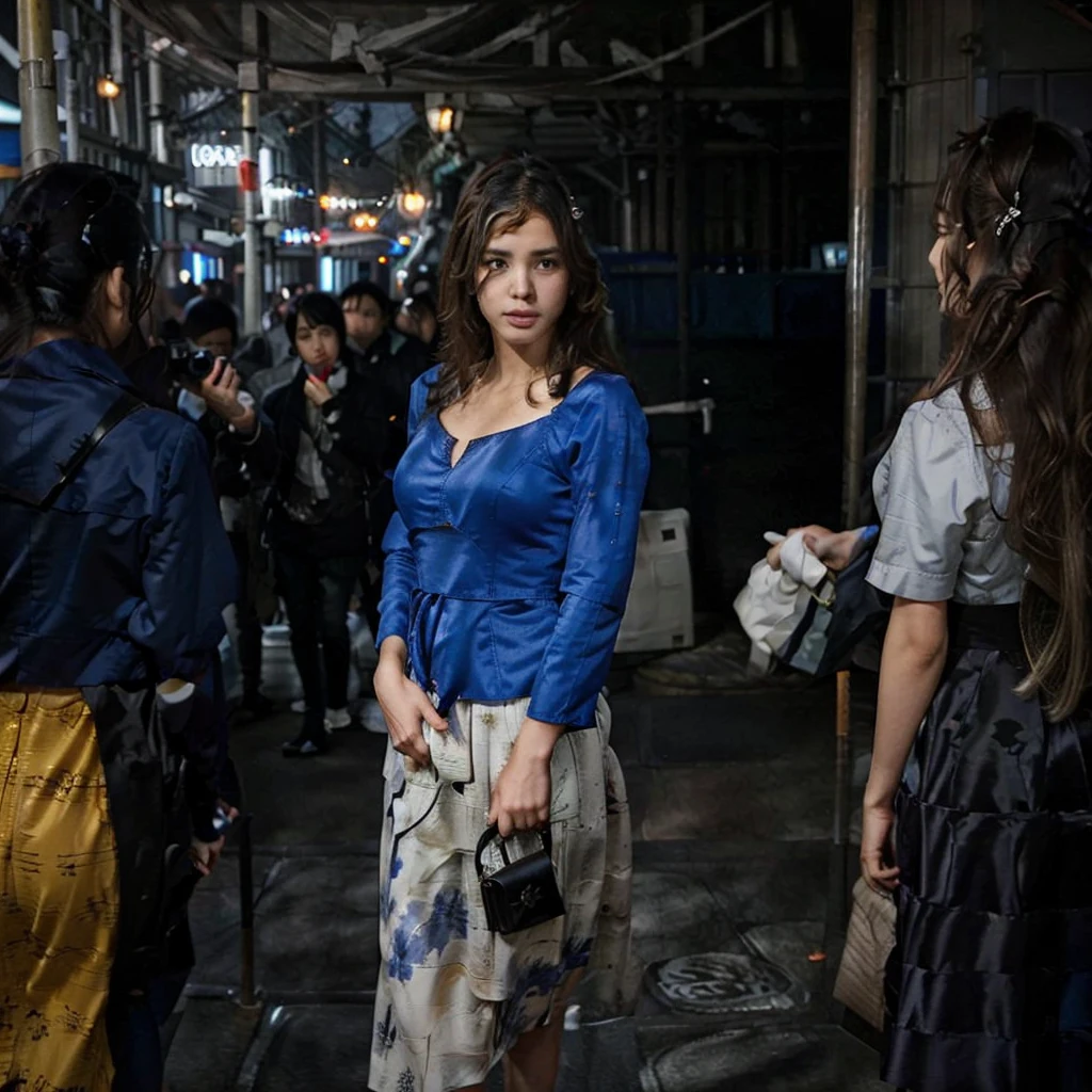 Female supermodel. Royal blue dress. Dim, soft lighting. Sunset. Sugamo Jizodori Shopping Street, Tokyo, Japan.