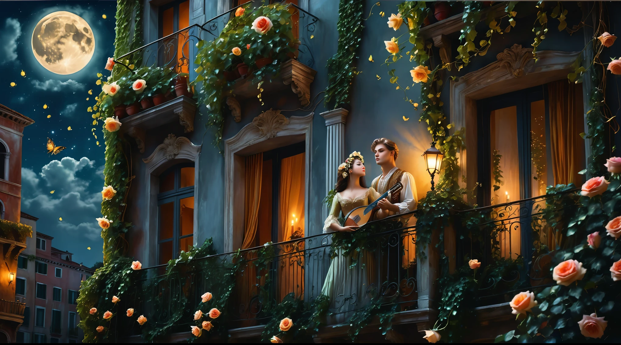 Moonlit night. A street. A young man stands playing a lute. He looks up at the balcony in front of him, covered in ivy and vines. On the balcony stands a beautiful girl in a Venetian mask. She inhales the fragrance of a rose in her hand and admires the full moon in the night sky. Fireflies flutter in the air and fragrant flowers bloom. Renaissance, Romanticism, Neoclassical. Strictly follow the scene description. cinematic, dramatic lighting, historical painting, masterful, moody, mythical, painterly, Venetian style, gloss, intricate details, rich color palette, atmospheric, evocative, seamless, photorealistic