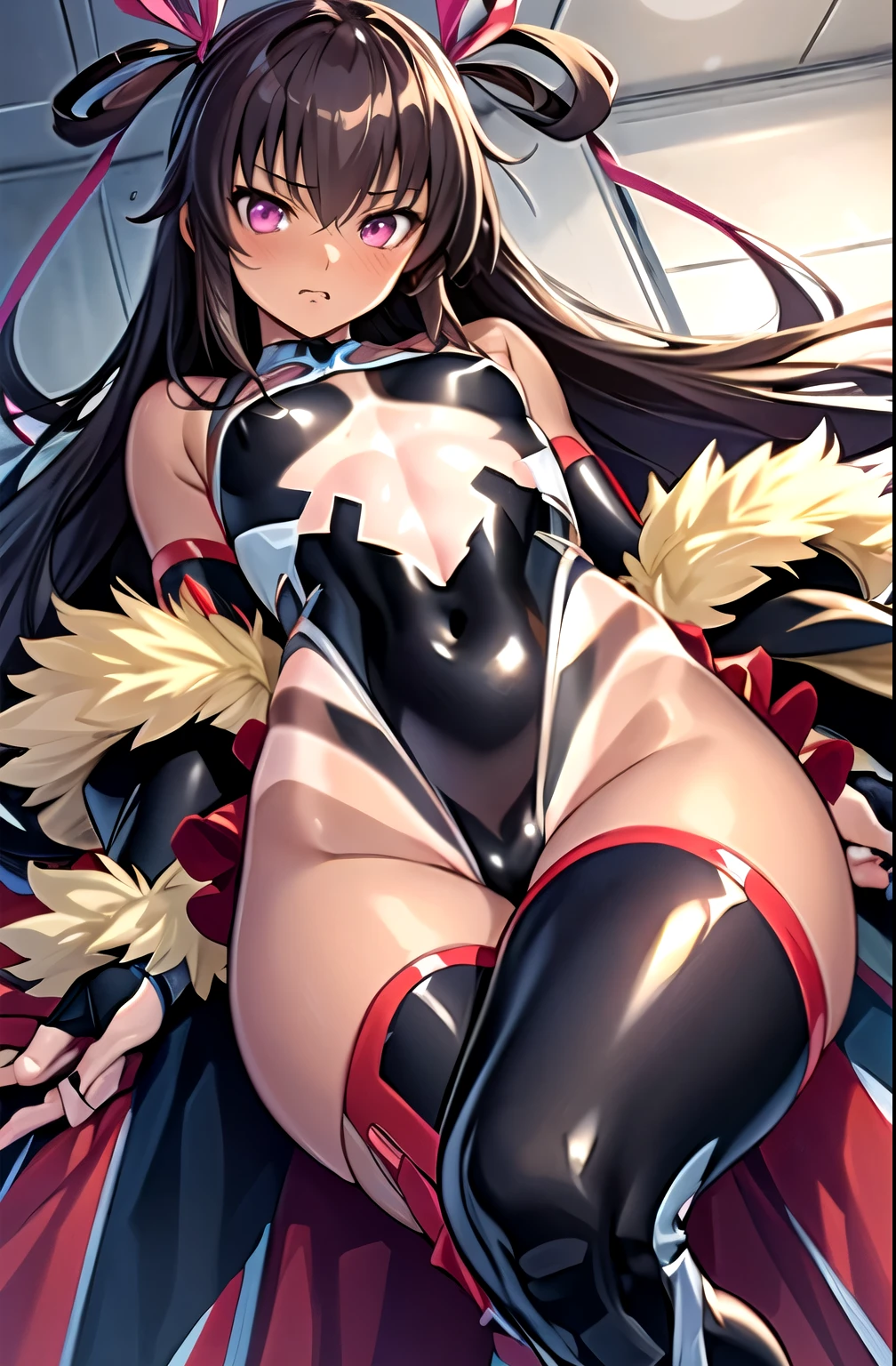 (masterpiece,Highest quality, detailed), One girl, alone, Embarrassed expression、View your viewers,
mizuki yukikaze, Hair Ribbon, Elbow hand pockets, Fingerless gloves, Frilled leotard, Fur trim, ((Black leotard)), (Thigh-high boots), (taimanin suit), One Piece Tan,