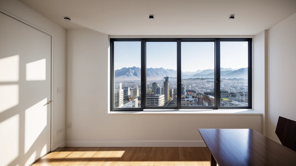“In the early morning, sunlight streams through the window, offering a view of the cityscape with distant mountains. Against the wall by the window, there is a white table with nothing on it. The room’s interior is predominantly white with minimal furniture. The focus is on the window area, with a glimpse of the white table in the foreground.”