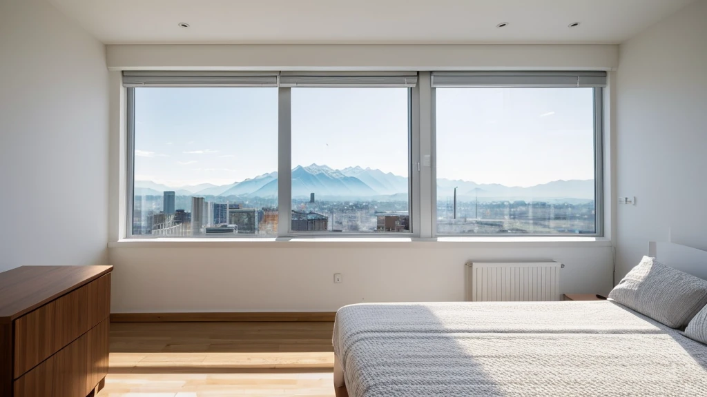 “In the early morning, sunlight streams through the window, offering a view of the cityscape with distant mountains. Against the wall by the window, there is a white table with nothing on it. The room’s interior is predominantly white with minimal furniture. The focus is on the window area, with a glimpse of the white table in the foreground.”