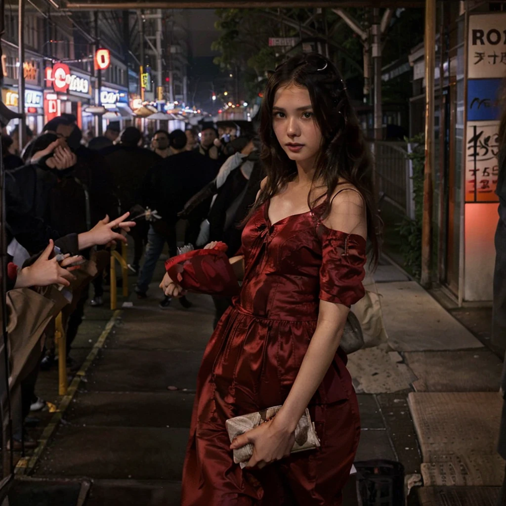 Female supermodel. Red dress. Dim, soft lighting. Sunset. Sugamo Jizodori Shopping Street, Tokyo, Japan.