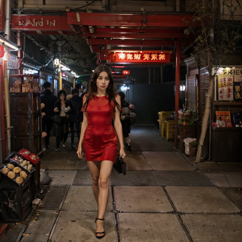 Female supermodel. Red dress. Dim, soft lighting. Sunset. Sugamo Jizodori Shopping Street, Tokyo, Japan.