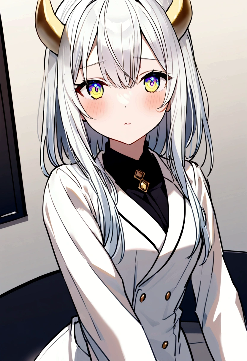 20-year-old girl with white hair with golden horns and water-colored eyes, slim