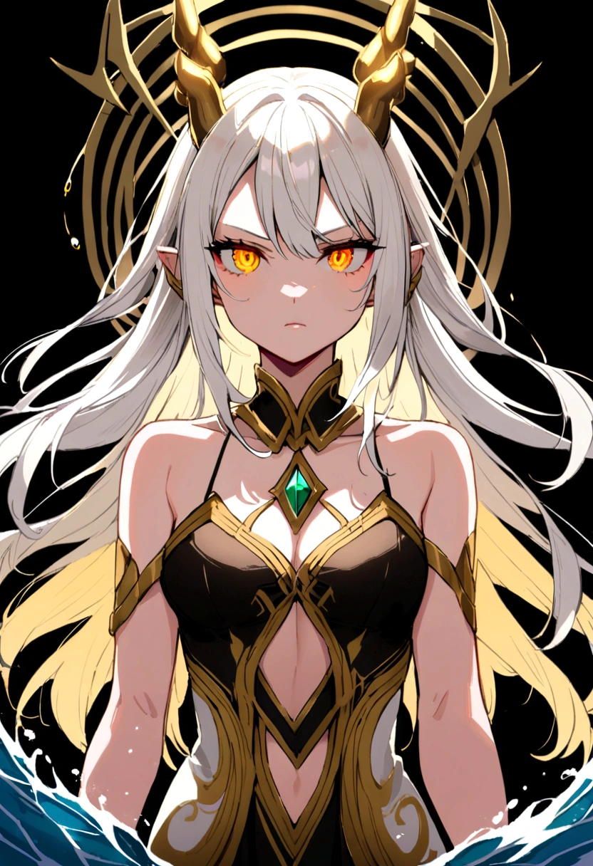 20-year-old girl with white hair with golden horns and water-colored eyes, slim