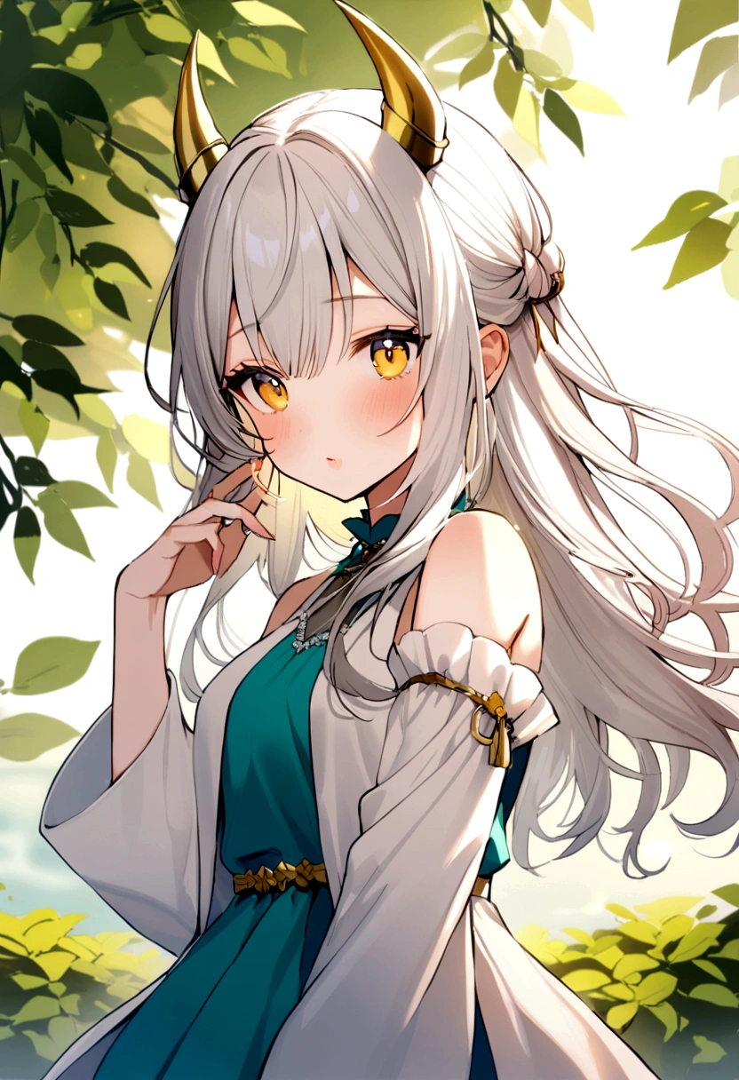 20-year-old girl with white hair with golden horns and water-colored eyes, slim