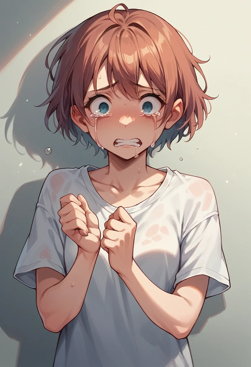, girl, crying, afraid, tears, , short hair