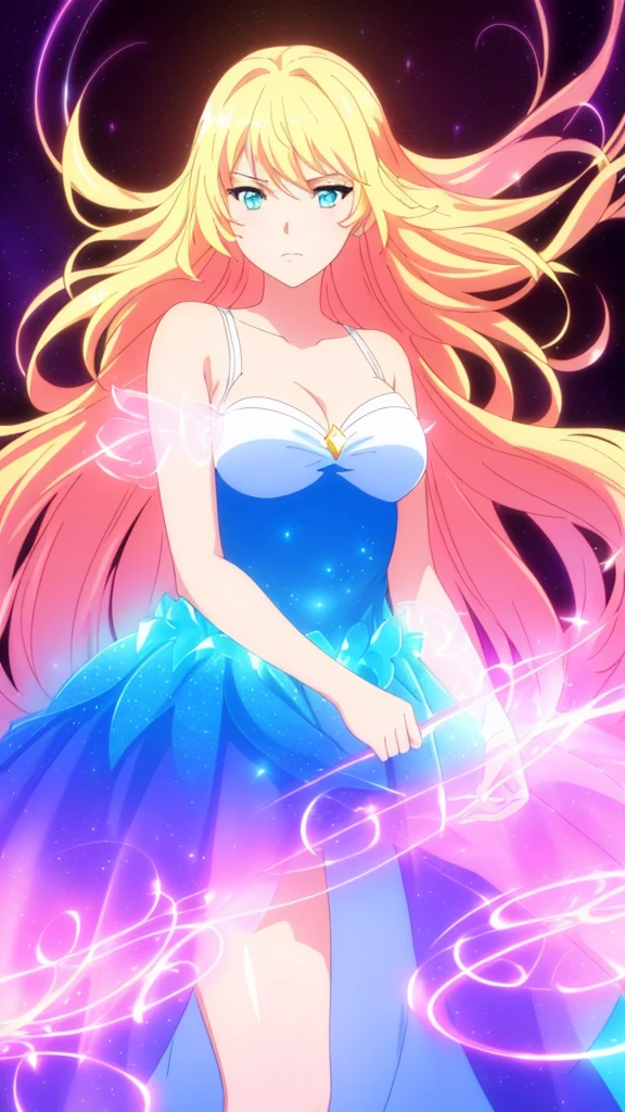 beautiful girl, puffy tiered ballgown, vibrant pastel colors,(20years old,madure female),angry,closed mouth,white dress,cleavage,sleeveless,((glowing blonde long hair)), magical lights, sparkling magical liquid, inspired by Glen Keane, inspired by Lois van Baarle, disney art style, by Lois van Baarle, glowing aura around her, by Glen Keane, jen bartel, glowing lights! digital painting, flowing glowing hair, glowing flowing hair, beautiful digital illustration, fantasia background, whimsical, magical, fantasy, ((masterpiece, best quality)), intricate details, highly detailed, sharp focus, 8k resolution, sparkling detailed eyes, liquid watercolor,