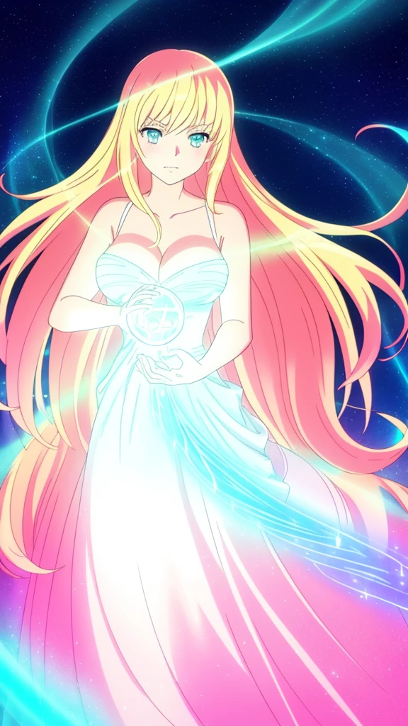 beautiful girl, puffy tiered ballgown, vibrant pastel colors,(20years old,madure female),angry,closed mouth,white dress,cleavage,sleeveless,((glowing blonde long hair)), magical lights, sparkling magical liquid, inspired by Glen Keane, inspired by Lois van Baarle, disney art style, by Lois van Baarle, glowing aura around her, by Glen Keane, jen bartel, glowing lights! digital painting, flowing glowing hair, glowing flowing hair, beautiful digital illustration, fantasia background, whimsical, magical, fantasy, ((masterpiece, best quality)), intricate details, highly detailed, sharp focus, 8k resolution, sparkling detailed eyes, liquid watercolor,