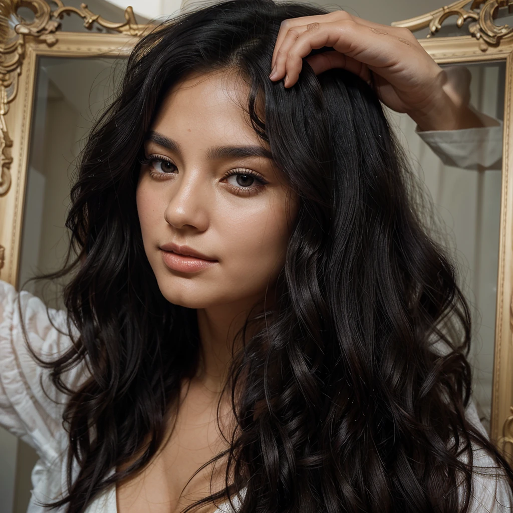 her Black hair, luxurious, wavy, He falls gracefully on her shoulders and gently flows around her face., Framed with a touch of magic.