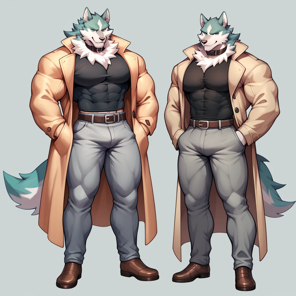 shirou ogami, wolf anthro, muscular, body-builder, lobo, the second, large pectorals, venous muscles, Huge muscles, thin waist, flexing, wearing speedo, smiling, full body trenchcoat, black shirt, collar, gloves, grey pants, brown shoes