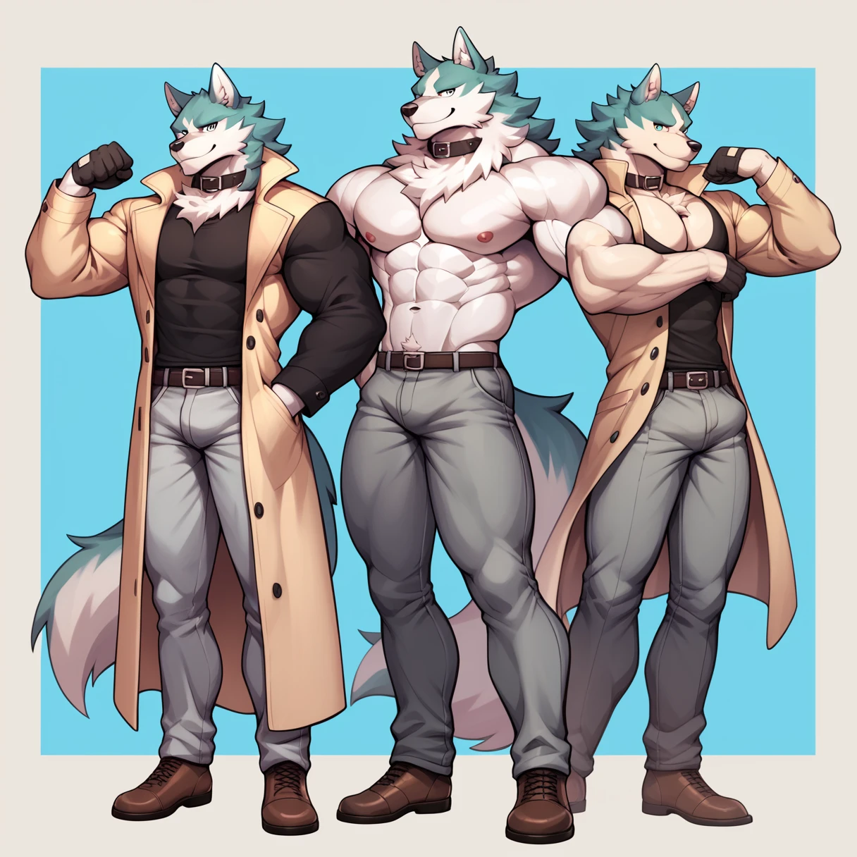 shirou ogami, wolf anthro, muscular, body-builder, lobo, the second, large pectorals, venous muscles, Huge muscles, thin waist, flexing, wearing speedo, smiling, full body trenchcoat, black shirt, collar, gloves, grey pants, brown shoes