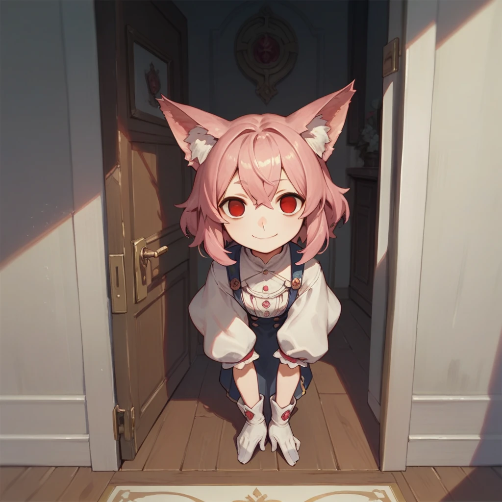 Top quality, masterpiece, animal ear girl, pink hair, red eyes, empty eyes, standing in front of the door, smile