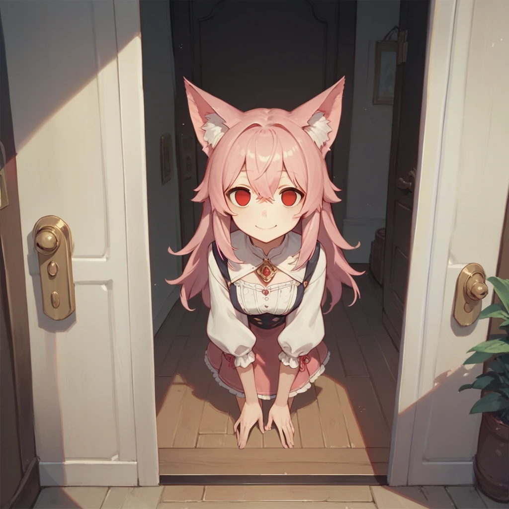 Top quality, masterpiece, animal ear girl, pink hair, red eyes, empty eyes, standing in front of the door, smile