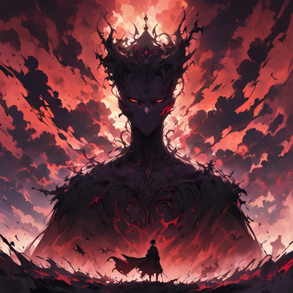 Sukuna's silhouette against a blood-red sky, with a field of cursed spirits and debris at his feet, emphasizing his role as the King of Curses.