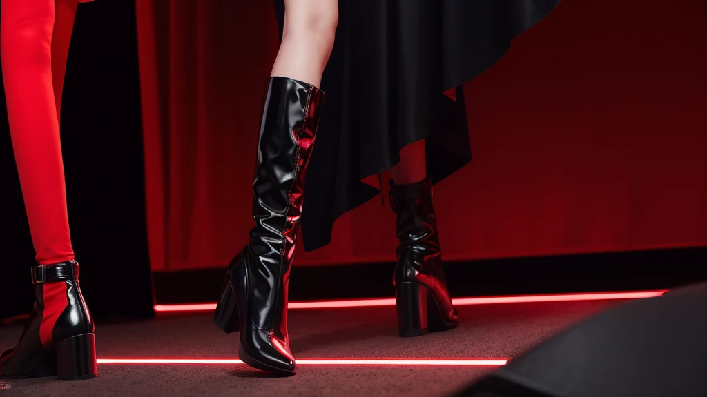 Kpop idol girl has long, wavy brown hair. She wears a black, asymmetrical dress with metallic red accents and high-heeled black boots
Red lights background. Close up shot