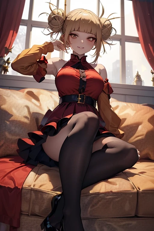 (Girl1),(alone:1.5),(Full Body Portrait Facing Fourth ParwdFull Body Portrait Facing Fourth Wall:1.5) ,**Himiko Toga** is a young woman of medium height with light blonde hair, tied into two messy buns. His eyes are bright yellow, with a mischievous expression and a characteristic smile.(Wearing),+,(A sexy erotic dress in the shape of a Christmas cupcake (midi dress) with the body of the dress molded to feminine curves and a deep neckline that reveals the breasts; vibrant red main color with gold thread details in the shape of icing and stars; fine lace around the waist and back of the dress; short skirt that ends above the kneecap, showing off long and seductive legs; red transparent knee-high socks with a waistband; red high-heeled shoes with gold thread details; hair tied with red bows; sensual makeup with red pencils and dark mascara; Sensual pose with hand on hip and seductive look.")