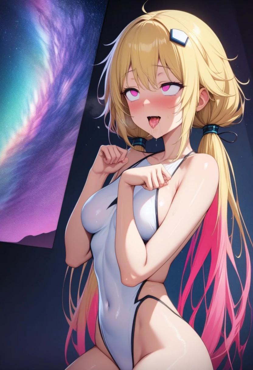 (masterpiece),(Highest quality),(Super detailed),(Best illustrations),(Best Shadow),(Absurd),(Detailed Background),(so beautiful), 16K, 8K,4K,(Best Shadow), (so beautiful)angelabalzac, One person, alone, curby, , very long hair, , Blonde, fluorescent pink eyes, expelled from paradise, , , BlueGreen Headgear, Low twin tails, empty eyes, blank eyes, , , paw pose, , , , orgasm, afterglow, erotic smile, Oculogyric crisis, , , , , , , , Sexy posture, , , cross-eyed, rolling eyes, , , , , , , , , saliva trail, , shiny skin, , , , , torogao, ahegao, BREAK, , Dramatic lighting, Psychedelic background, Clear liquid, night, Star-shaped hair fastening, , milky way, emphasis lines, spoken hearts,