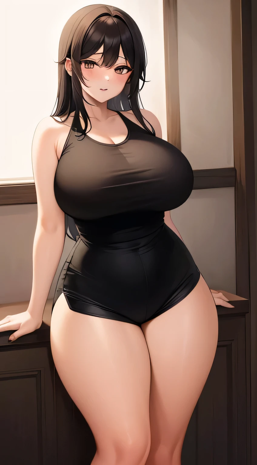 Amazing portrait of a sultry and stunning woman with a captivating gaze and flawless makeup she's your childhood best friend who had a glow up wearing a black tank top and black short shorts showcasing her alluring figure including her thick thighs and wide hips emanating a provocative aura