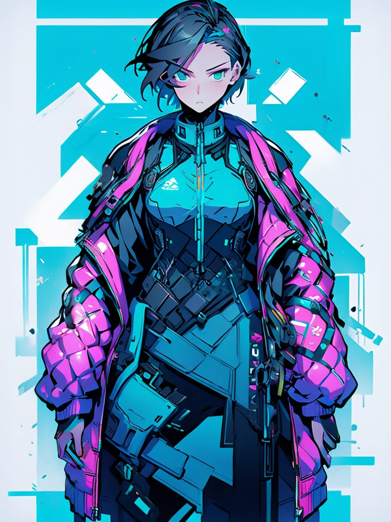 (masutepiece:1.2, Best Quality),  [1 girl in, expressioness, Turquoise eyes, Slate-gray hair, half short cut hair,White Jacket,jacket comes off, ,Upper body] minimal artwork 