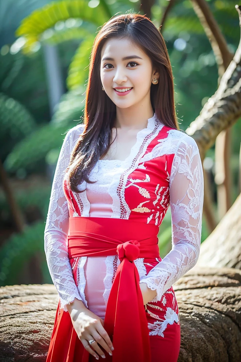 wearing red kebaya, (RAW photo, best quality), (realistic, photo-realistic:1.4), masterpiece, an extremely delicate and beautiful, extremely detailed, 2k wallpaper, Amazing, finely detail, extremely detailed CG unity 8k wallpaper, ultra-detailed, high resolution, soft light, beautiful detailed girl, extremely detailed eyes and face, beautiful detailed nose, beautiful detailed eyes, cinematic lighting, dramatic lighting, detailed background, background fantasy setting, night town, night time, on the roof, moonlight, dark theme, HIBISCUS deep forest background, perfect anatomy, soft light, smiling, 1girl