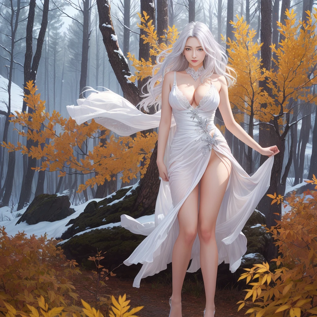 character with silvery white hair, with a slightly sensual pose. The character should have large breasts and the legs should also be very apparent.
The character's hair sways slightly in the breeze.
The character's breasts sway softly as she breathes.
Young beauty spirit.
In the background, a pine forest lightly covered by snow.