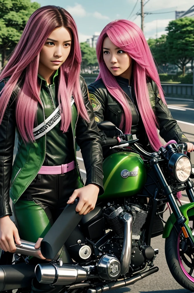 Tokyo revengers screenshot.
Brunette girl with long hair brown eyes with green in uniform takes her on a motorcycle next to sanzu boy with pink hair cut mouth
