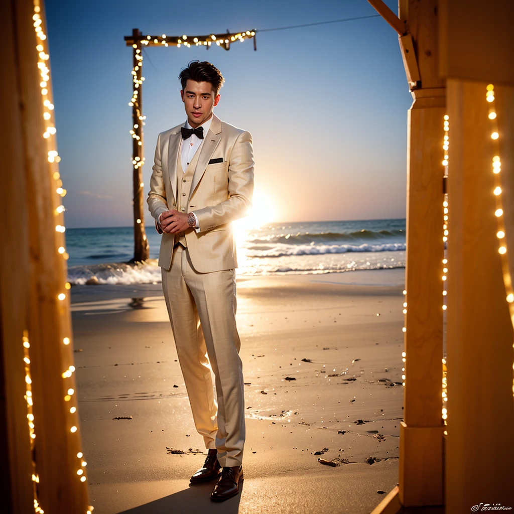 (1man:1.4),(male:1.2),(full body:1.2), age 25 handsome american  man , beach lighting , photo shoot of beige linen tuxedo wedding coat pant 