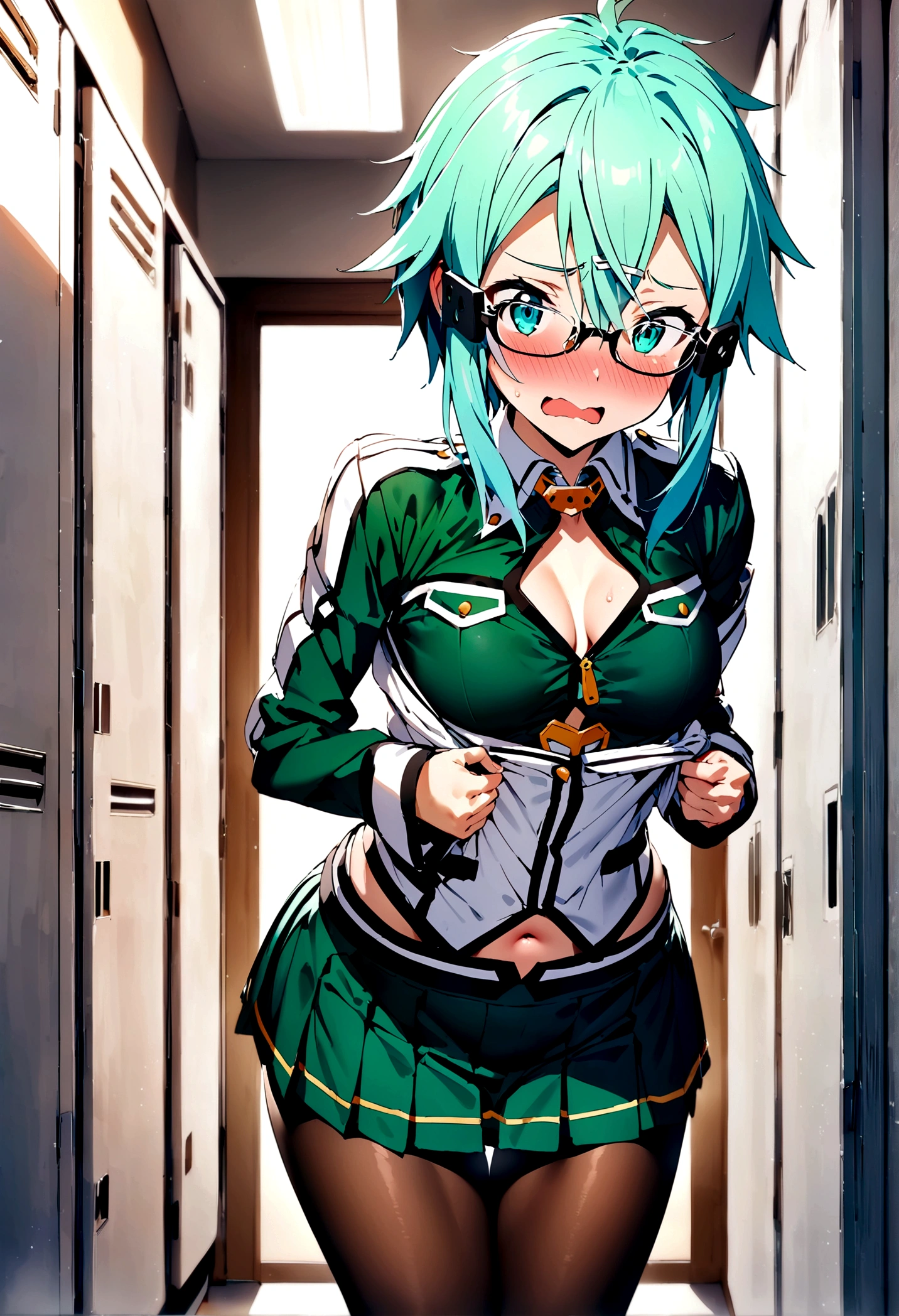 NSFW,masterpiece,Highest quality,High resolution,Super detailed,Sinon\(Sword Art Online\),Glasses,uniform,mini skirt,pantyhose,Embarrassed,Surprised face,blush,School,locker room,Changing clothes,Half-naked