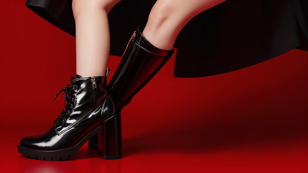 Kpop idol girl with long, wavy brown hair. She wears a black, asymmetrical dress with metallic red accents and high-heeled black boots
 Red lights background. Close up shot to her upper body