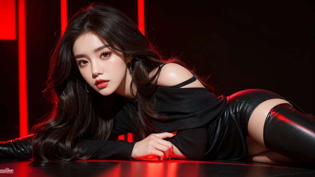 Kpop idol girl with long, wavy brown hair. She wears a black, asymmetrical dress with metallic red accents and high-heeled black boots
Red lights background. Close up shot to her upper body