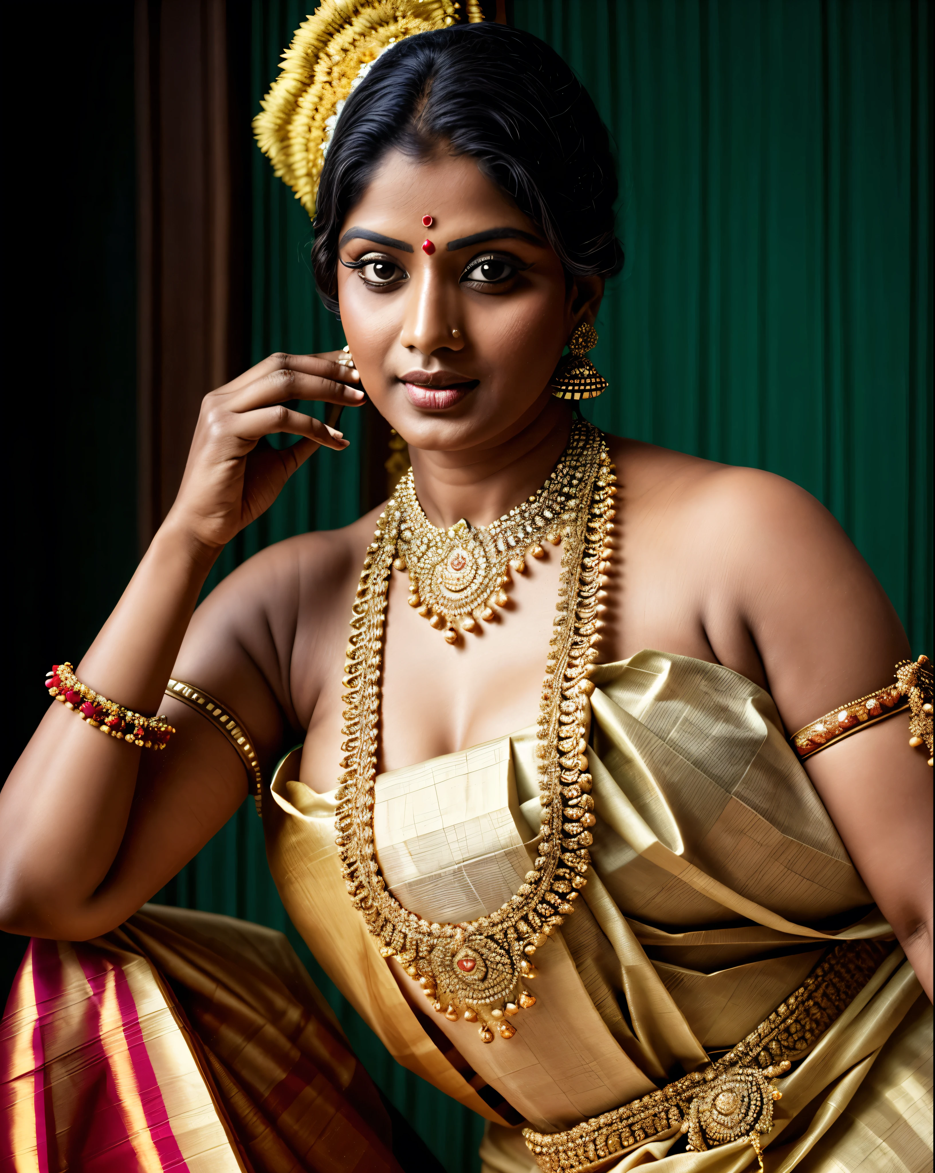 An Extremely gorgeous and beautiful Bengali village woman, 48 yo, pale white skin, sensual appealing body, perfect thick and chubby Beauty, wearing saree bare-chested, wearing a Bengali-style saree without a blouse,, ethnic vintage bengali village woman, bengali style saree, The sari was worn without a blouse and petticoat before the British Raj, baring one's chest or being blouseless, Bengalis a.k.a. Bongs are known for their unique Bengali fashion sense (the way they don that sari makes you go wow), Pre British Raj, Pre colonial era, Bengali Woman draping sari without blouse is a normal thing in pre British Era, bong woman, Indian sensibility, Indian ethnicity,