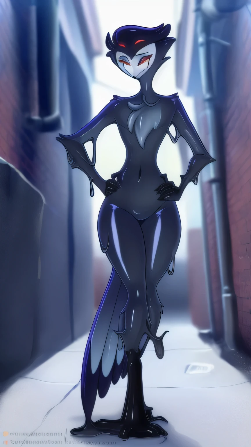 Tanraak (style), ((masterpiece)), ((8k quality)), (no watermark), stolas, male, sleek, shiny black slime body, goo, gooey, long tail feathers, avian, avian tail, black body, butt, solo, detailed alley, looking at viewer, wide hips, smirking, one hand on hips, shiny, slimy, perfect body, inviting eyes, front view, strutting, thighs, seductive pose