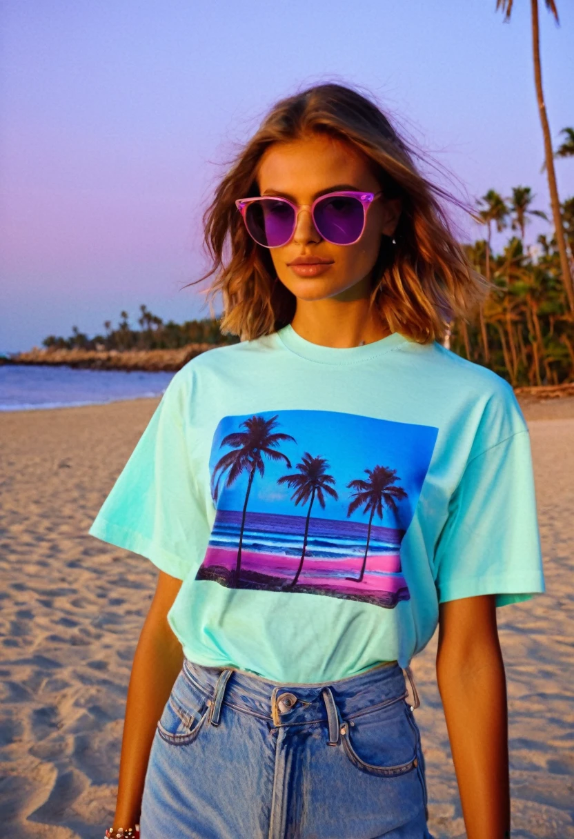 (young adelia tee: 1.5), women's glasses "rayban" , (detailed wild beach with palm trees,red sunset on the sea),( blue eyes 1,5), (bob hair neon colored with a lilac shade),thin eyebrows, (bust 4: 1,5),tan,wide pelvis and hips, (wide pelvis), (( bikini of "gucci":1,1)),dslr, film grain, nikon d foto, hdf, highly professional,, stunning, highly, rastr