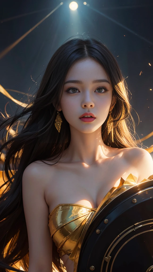 Create an image of a beautiful woman face using chaotic golden color satin ribbons to build the face instead of skin, one point perspective, in the style of Moebius, Bao Pham, Donato Giancola, and Larry Elmore, masterpiece, trending on artstation, featured on pixiv, cinematic composition, beautiful lighting, sharp, clear, sharp contrast, hyper - detailed, hdr, full HD.