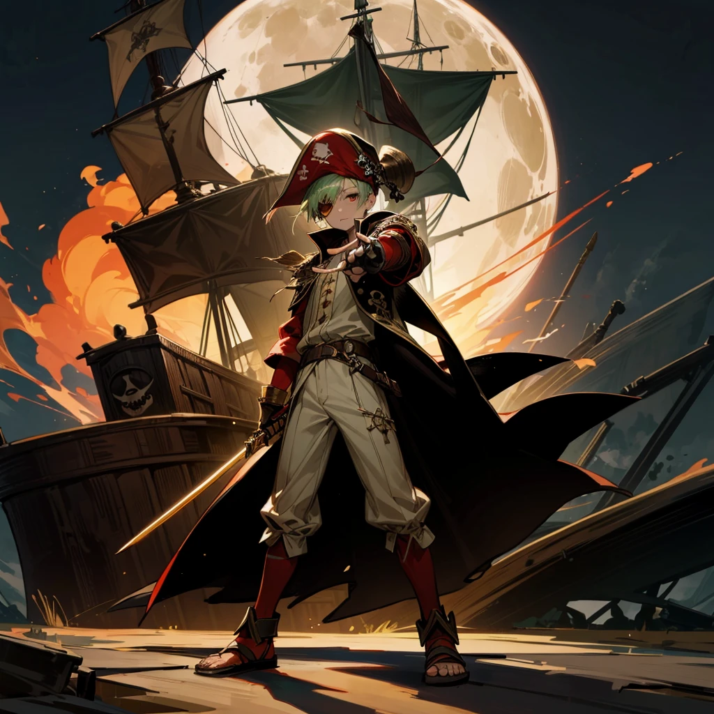 1boy, Full body version, 1character, brown eyes, albino skin, pirate eye patch, buzz cut hairstyle, green colour hair, flat facial expression, small eyes, red pirate hat, templar knight clothing, brown colour clothing, ancient Greek sandals, gold dagger knife in hand, buckler in hand, gold armor, Grassroots background in Pirate Ship, (at night), fire light burns on the ship, damaged pirate ship, moon silhouette light, moon in the sky, eyes glow red, sword glows red, lots of fire on the ship, ship fire, full background, war in ship pirate, (war gesture),