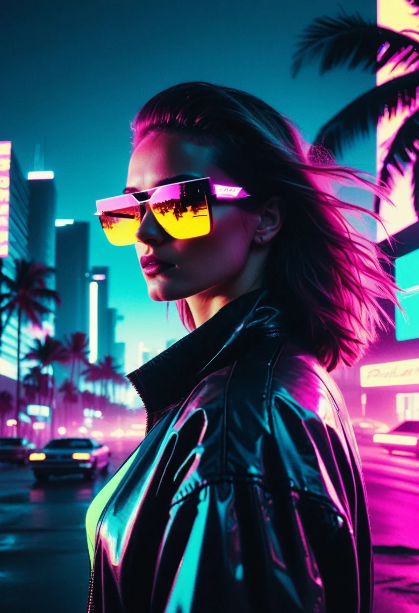raw 8k, vhs glitch 80s movie, a woman middle shot, sunglasses, dystopian cityscape, neon, backlight, chromatic aberration, double exposition, film grain, retrofuturism, cyberpunk 2077, night, palm, miami,