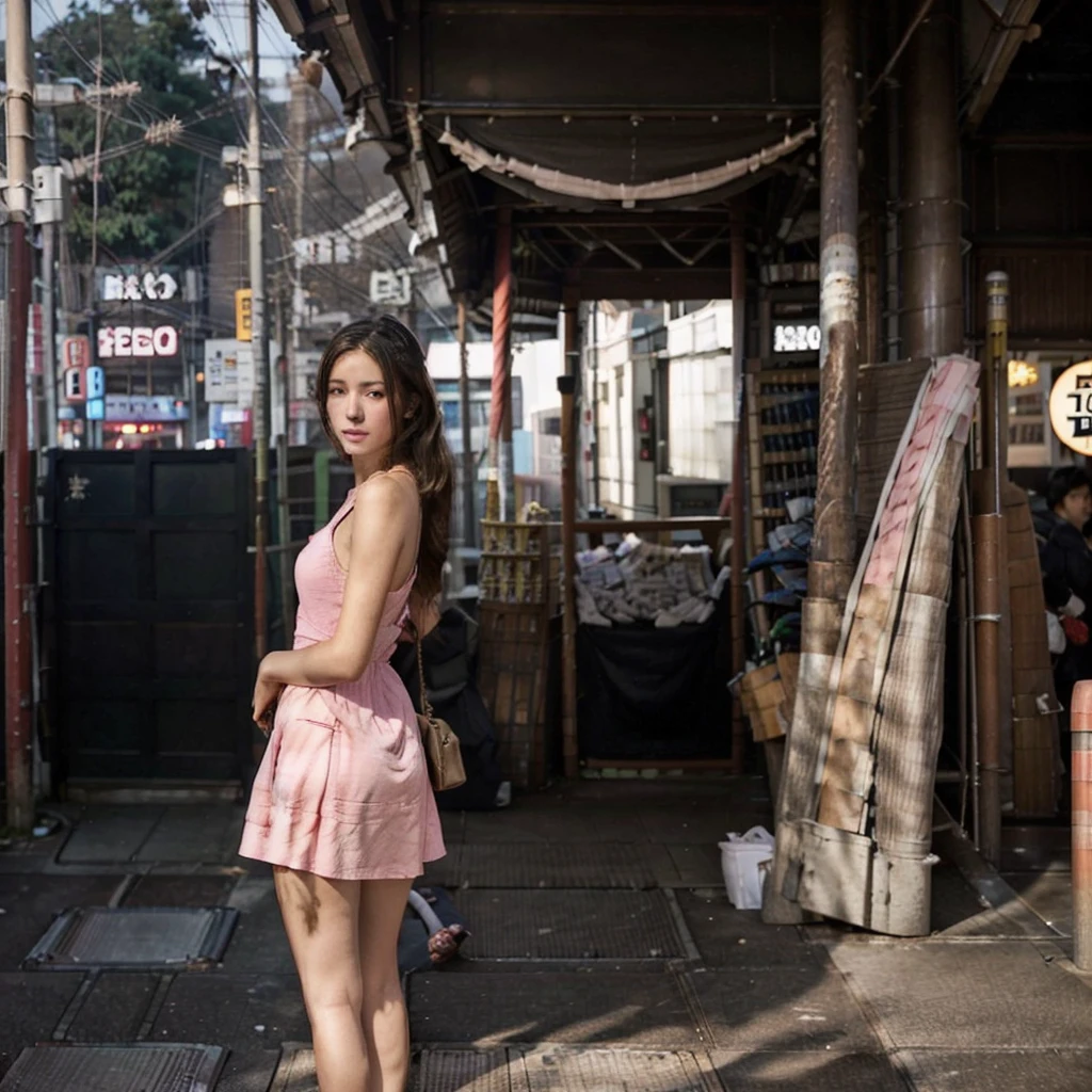 Female supermodel. Pink dress. Dim, soft lighting. Sunset. Sugamo Jizodori Shopping Street, Tokyo, Japan.