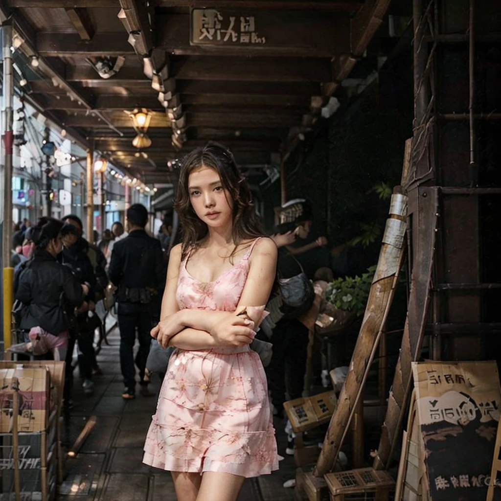 Female supermodel. Pink dress. Dim, soft lighting. Sunset. Sugamo Jizodori Shopping Street, Tokyo, Japan.