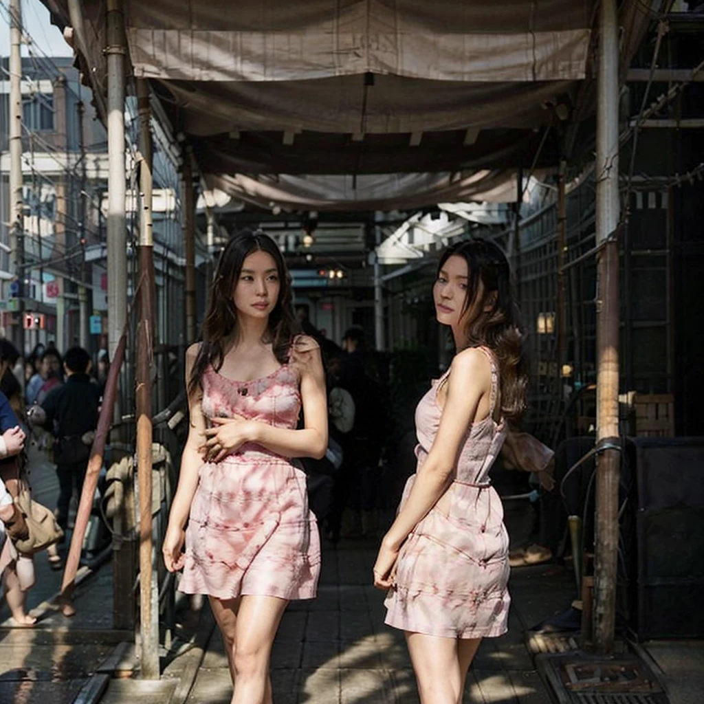 Female supermodel. Pink dress. Dim, soft lighting. Sunset. Sugamo Jizodori Shopping Street, Tokyo, Japan.
