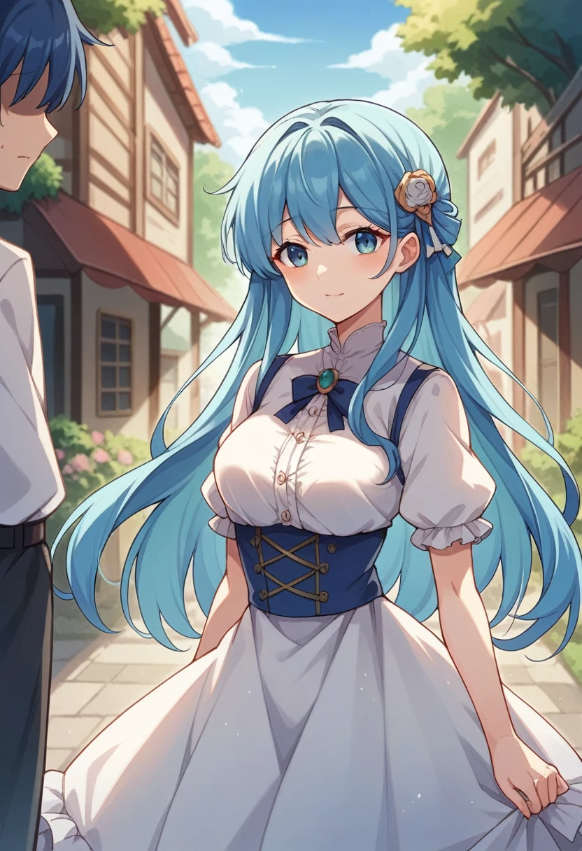 Anime girl with blue hair and light green kanto costume standing in a rural village, Anime Moe Art Style, In a dress, Cute anime waifu in a nice dress, Long Hair Anime Girl, Hestia, Smooth anime CG art, Beautiful Anime Girls, Anime Goddess, Beautiful blue hair girl, Visual Novel CG, Painted in an anime artist&#39;s studio, Cute Anime Girl