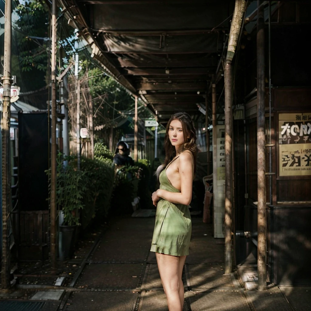 Female supermodel. Green dress. Dim, soft lighting. Sunset. Sugamo Jizodori Shopping Street, Tokyo, Japan.
