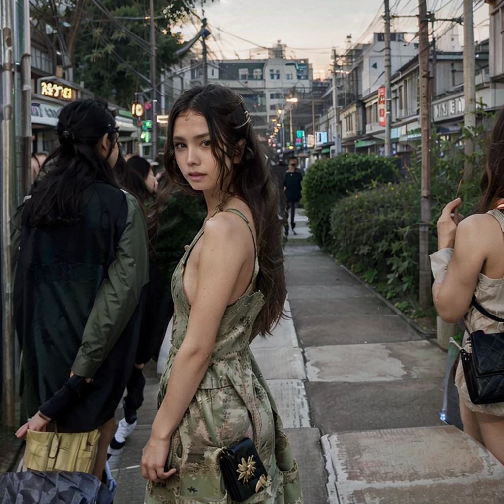 Female supermodel. Green dress. Dim, soft lighting. Sunset. Sugamo Jizodori Shopping Street, Tokyo, Japan.