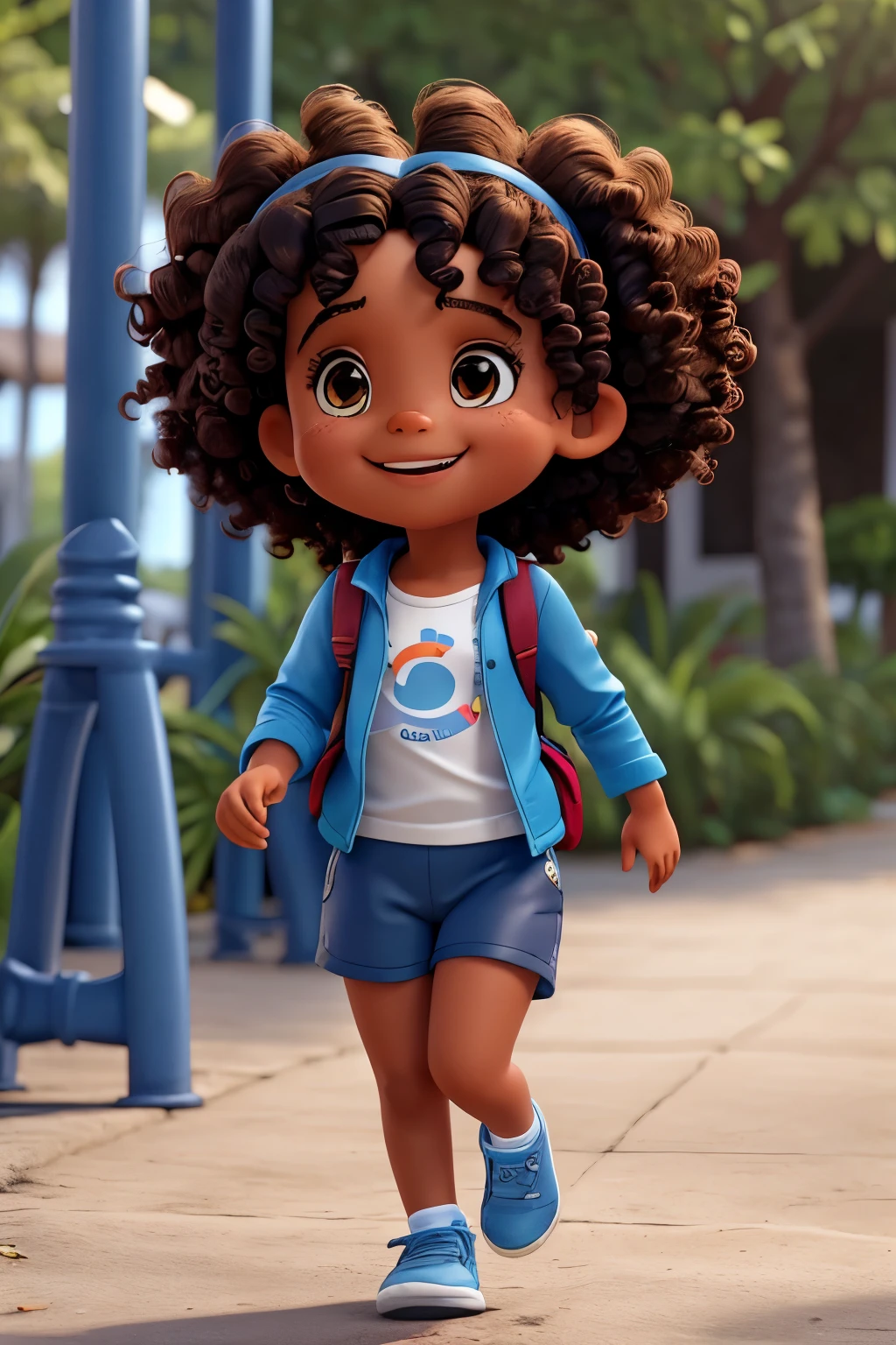 BEBE MORENA WITH CURLY HAIR, TWO years old, running FAST, smiling in blue shorts , white shirt DARK BLUE JACKET LONG SLEEVE TENNES BLACK OM BACKPACK ON THE BACK