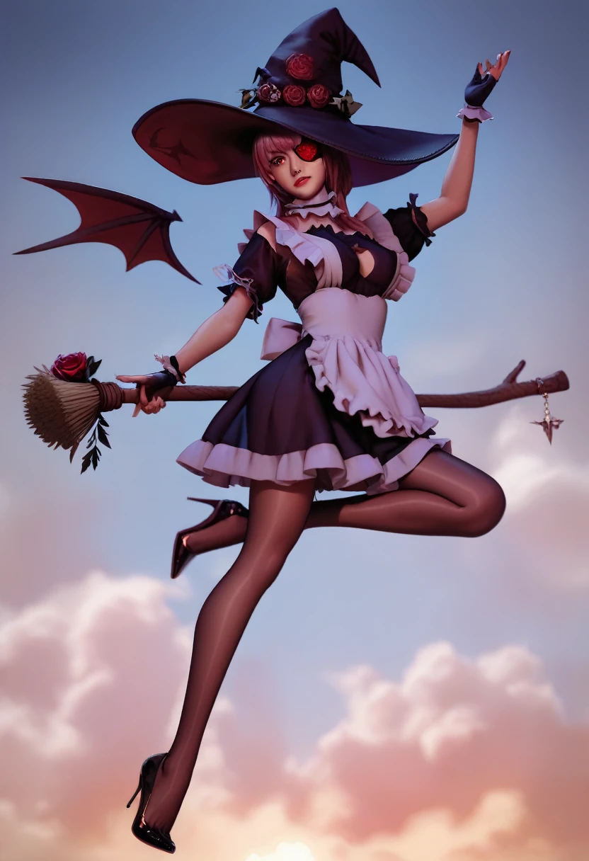 3D, CGI, Anime,  Girl, Witch, short rose red and magenta bangs, rose eyepatch covering right eye, dark purple witch hat with red strap and rose, red eyes, purple with dress, maid-like, brown leggings, green and red heels, brown and gold fingerless gloves, riding broom, flying, night sky