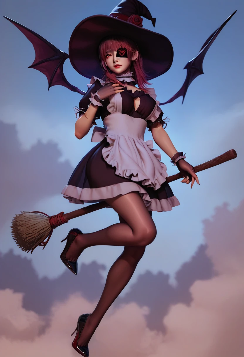 3D, CGI, Anime,  Girl, Witch, short rose red and magenta bangs, rose eyepatch covering right eye, dark purple witch hat with red strap and rose, red eyes, purple with dress, maid-like, brown leggings, green and red heels, brown and gold fingerless gloves, riding broom, flying, night sky