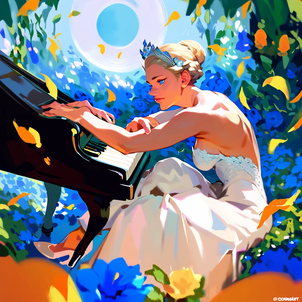 (score_9,score_8_up,score_7_up,) woman in fancy dress leaning over an upright grand piano at dusk with flowers around, 1girl, dress, solo, instrument, flower, high heels, sitting, tiara, white dress, blue eyes, blue flower, blonde hair, hair bun, Expressiveh, negative_hand, [[gwentstyle]], moon
