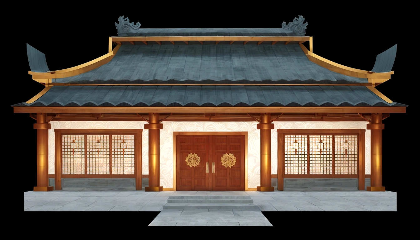 illustration of a traditional chinese building with lanterns and a bird, temple background, zen temple background, background depicting a temple, digital painting of a pagoda, japanese temple, japanese house, korean traditional palace, background art, palace background, chinese building, artwork in the style of z.w. gu, cyberpunk japanese temple, inspired by Shūbun Tenshō