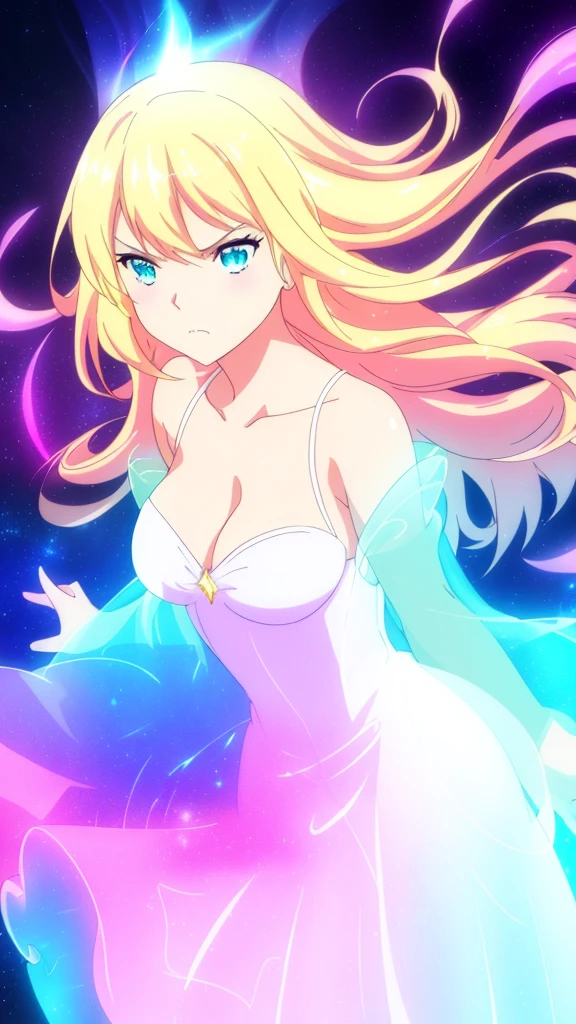 beautiful girl, puffy tiered ballgown, vibrant pastel colors,(20years old,madure female),(angry),closed mouth,white dress,cleavage,sleeveless,((glowing blonde long hair)), magical lights, sparkling magical liquid, inspired by Glen Keane, inspired by Lois van Baarle, disney art style, by Lois van Baarle, glowing aura around her, by Glen Keane, jen bartel, glowing lights! digital painting, flowing glowing hair, glowing flowing hair, beautiful digital illustration, fantasia background, whimsical, magical, fantasy, ((masterpiece, best quality)), intricate details, highly detailed, sharp focus, 8k resolution, sparkling detailed eyes, liquid watercolor,