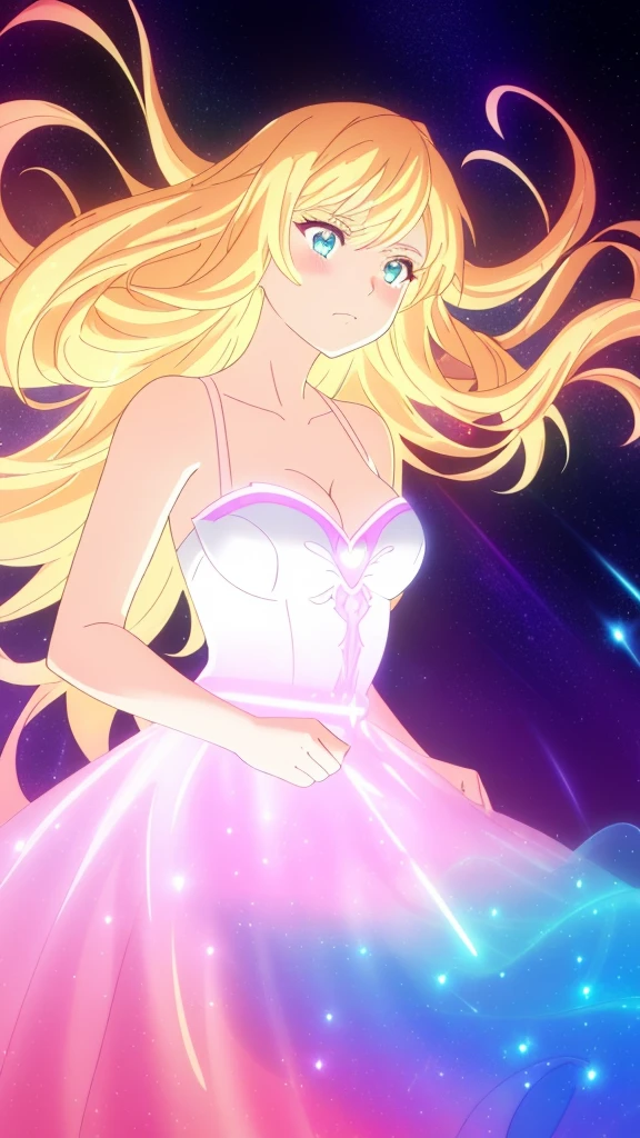 beautiful girl, puffy tiered ballgown, vibrant pastel colors,(20years old,madure female),(angry),closed mouth,white dress,cleavage,sleeveless,((glowing blonde long hair)), magical lights, sparkling magical liquid, inspired by Glen Keane, inspired by Lois van Baarle, disney art style, by Lois van Baarle, glowing aura around her, by Glen Keane, jen bartel, glowing lights! digital painting, flowing glowing hair, glowing flowing hair, beautiful digital illustration, fantasia background, whimsical, magical, fantasy, ((masterpiece, best quality)), intricate details, highly detailed, sharp focus, 8k resolution, sparkling detailed eyes, liquid watercolor,